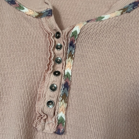 Free People Pink Rainbow Chevron Embroidered Thermal We The Free Henley. SMALL - Picture 5 of 9